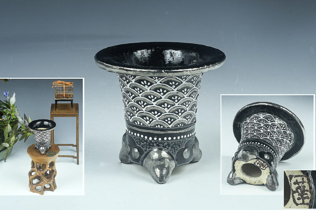 最新作！別製【プラチナ彩・青海波文太鼓鋲京樂ミニ万年青錦鉢】2寸