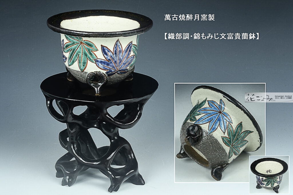 西口郁夫氏企画別注品・萬古焼醉月窯製【織部調・錦もみじ文富貴蘭鉢】